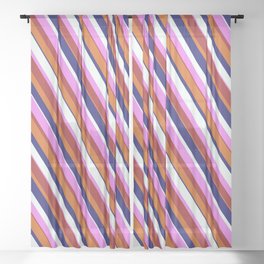 [ Thumbnail: Eyecatching Chocolate, Midnight Blue, Mint Cream, Violet & Brown Colored Lines Pattern Sheer Curtain ]