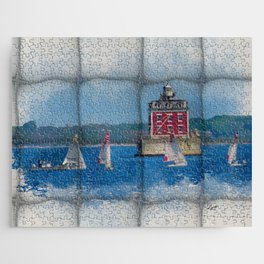 Lighthouse and Sail Nautical Art Print Jigsaw Puzzle