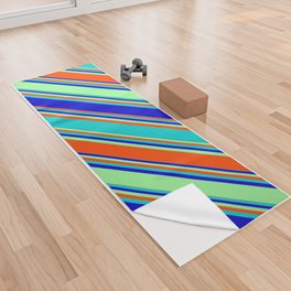 [ Thumbnail: Dark Turquoise, Blue, Green, and Red Colored Striped Pattern Yoga Towel ]