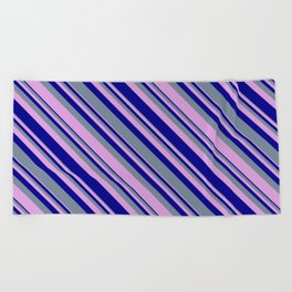 [ Thumbnail: Light Slate Gray, Plum, and Dark Blue Colored Lines/Stripes Pattern Beach Towel ]