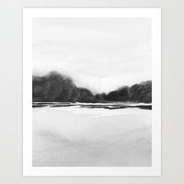 River Bank I - Black and White Foggy Trees on River Bank Watercolor Painting Art Print
