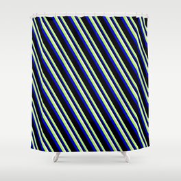 [ Thumbnail: Lavender, Light Green, Blue & Black Colored Pattern of Stripes Shower Curtain ]