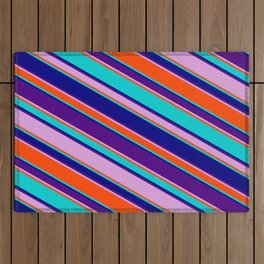 [ Thumbnail: Eyecatching Dark Turquoise, Blue, Indigo, Plum, and Red Colored Lined/Striped Pattern Outdoor Rug ]