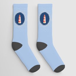 Lighthouse and Navy Blue Circle on Baby Blue Socks