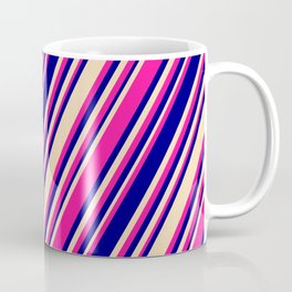 [ Thumbnail: Deep Pink, Blue, and Tan Colored Stripes/Lines Pattern Coffee Mug ]