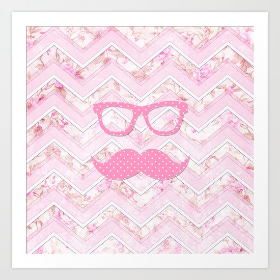 Funny Glasses Pink Polka Dots Mustache Chevron Art Print