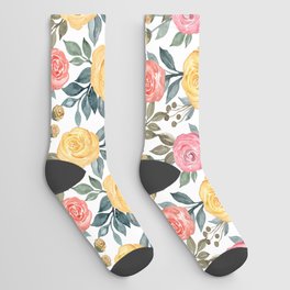 Pink and yellow watercolor flowers Socks