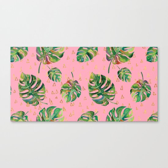 Monstera Gold // Monstera Pattern, Gold Foil Pattern, Lifestyle Digital Collage Pink Canvas Print