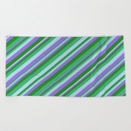 [ Thumbnail: Sea Green, Light Blue, Purple, and Forest Green Colored Lines/Stripes Pattern Beach Towel ]