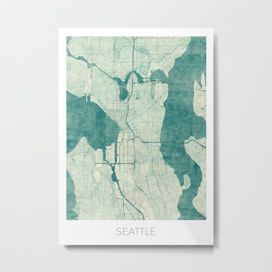 Seattle Map Blue Vintage Metal Print