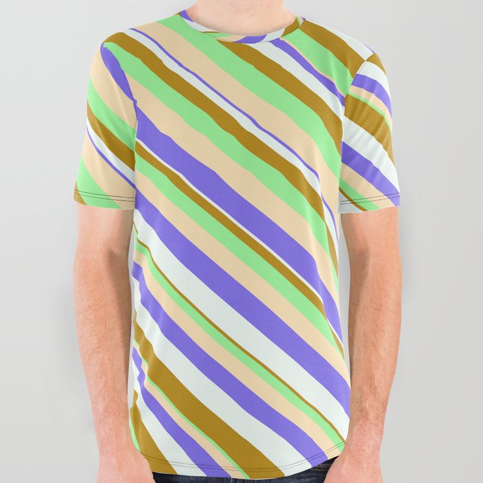 Eye-catching Dark Goldenrod, Green, Beige, Medium Slate Blue, and Mint Cream Colored Stripes Pattern All Over Graphic Tee