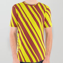 [ Thumbnail: Yellow & Brown Colored Lined Pattern All Over Graphic Tee ]