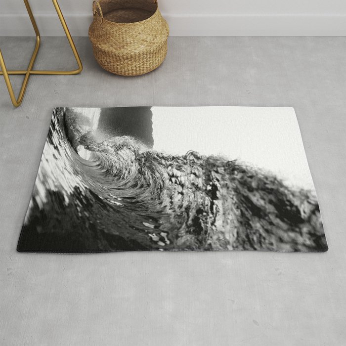 Aqua chrome a-frame wave surfing tunnel ocean portrait art black and white photograph / photography Rug