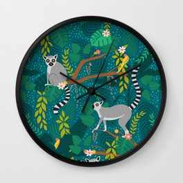 Lemurs in Teal Jungle Wall Clock | Lemurs, Lemur Forest, Lemur Art, Lemur, Lemur Pattern, Graphicdesign, Jungle Decor, Flower, Ringtailed Lemur, Green 