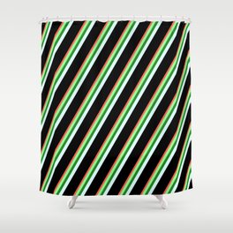[ Thumbnail: Red, Green, Forest Green, Light Cyan, and Black Colored Stripes/Lines Pattern Shower Curtain ]