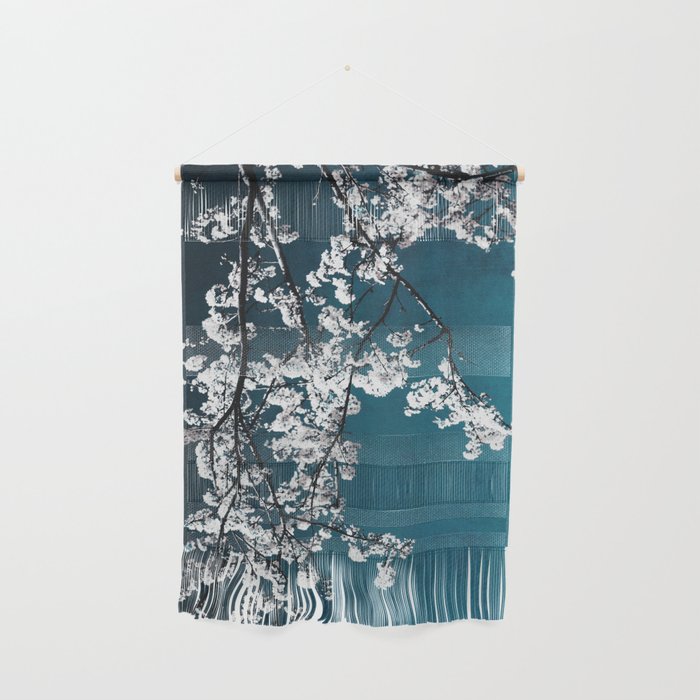 White Blossoms Tree Print - Flowers in Teal - Elegant Floral -  Japanese Nature photography Wall Hanging