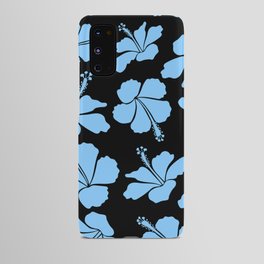 Bright hawaiian seamless pattern with tropical hibiscus flowers on black background in blue colors. Android Case