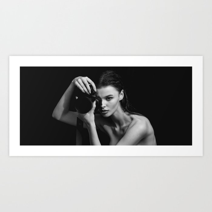 The girl in the camera black and white fashion glamour beautiful portrait photograph Art Print