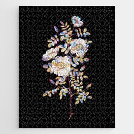 Floral White Burnet Roses Mosaic on Black Jigsaw Puzzle