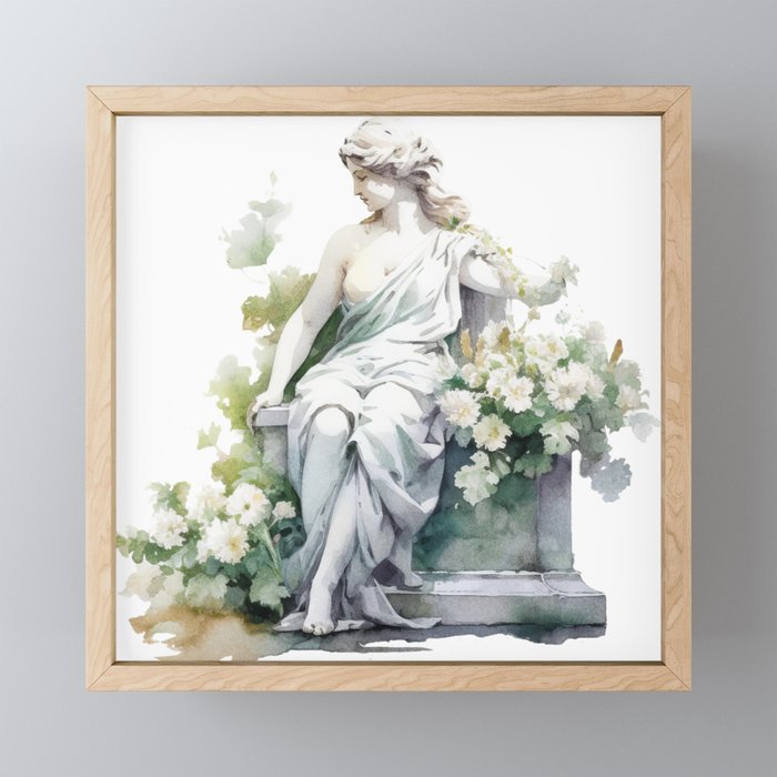 Female Goddess Statue in Garden with White Flowers Watercolor Framed Mini Art Print