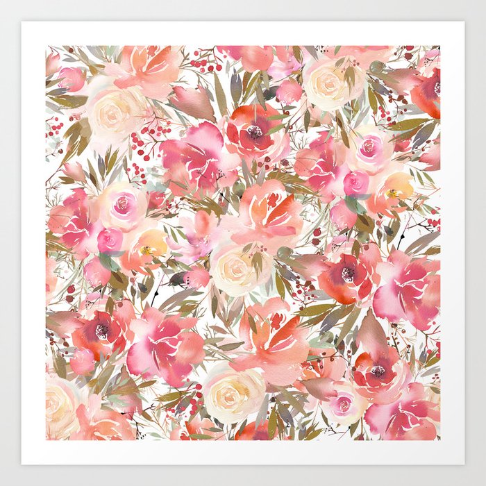 Blush Pink Coral White Watercolor Hand Painted Roses Flowers Art