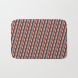 [ Thumbnail: Coral, Dark Slate Gray, Grey, and Crimson Colored Pattern of Stripes Bath Mat ]