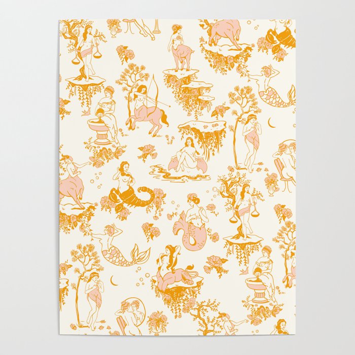 Honey, Pink & Gold Zodiac Toile Pattern. A Great Gift Idea For Astrology Fans! Poster