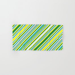 [ Thumbnail: Eyecatching Yellow, Forest Green, Mint Cream, Light Sea Green, and Light Grey Colored Lined Pattern Hand & Bath Towel ]