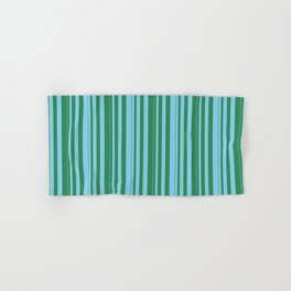 [ Thumbnail: Sea Green and Sky Blue Colored Stripes/Lines Pattern Hand & Bath Towel ]