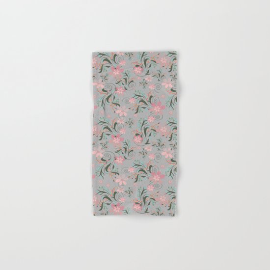 Retro . Pink flowers on grey background . Hand & Bath Towel