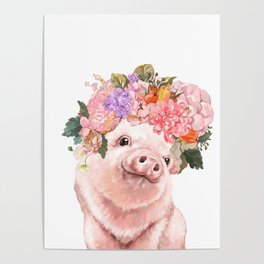 Lovely Baby Pig with Flowers Crown Poster