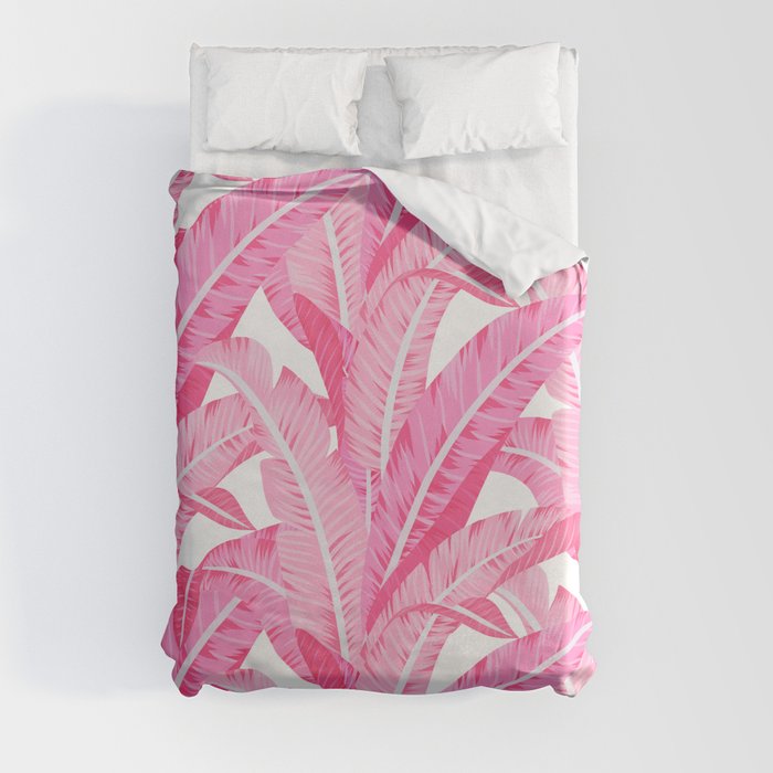Pink banana leaves tropical pattern on white Duvet Cover