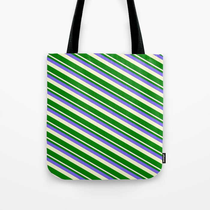 Medium Slate Blue, Light Yellow, and Green Colored Stripes Pattern Tote Bag