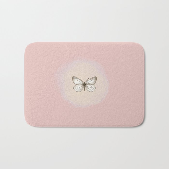 Hand-Drawn Butterfly and Brush Stroke on Pastel Pink Bath Mat