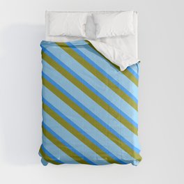[ Thumbnail: Light Sky Blue, Blue & Green Colored Striped/Lined Pattern Comforter ]