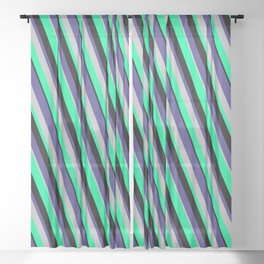 [ Thumbnail: Dark Slate Blue, Grey, Green, and Black Colored Lines/Stripes Pattern Sheer Curtain ]