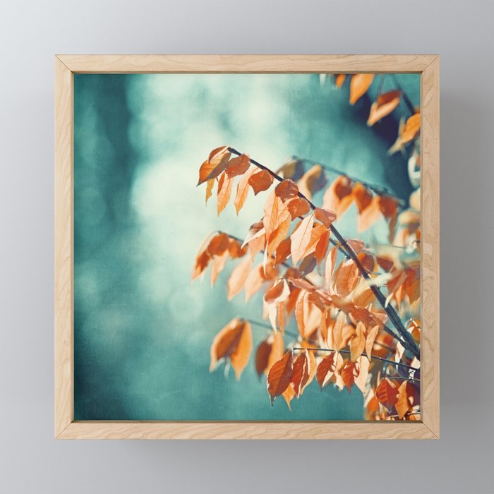 Teal Orange Nature Photography, Turquoise Aqua Burnt Orange Leaves Branches Framed Mini Art Print