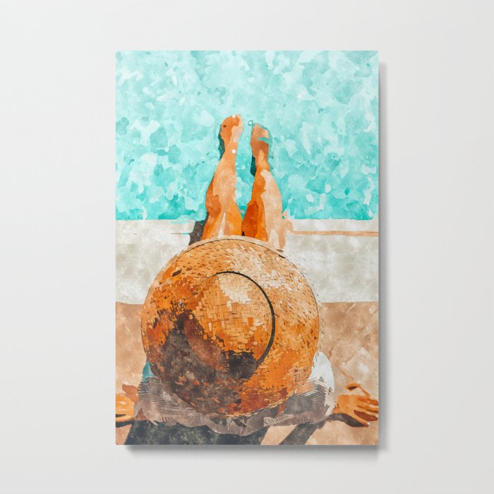 By The Pool All Day, Summer Travel Woman Swimming, Tropical Fashion Bohemian Painting Metal Print
