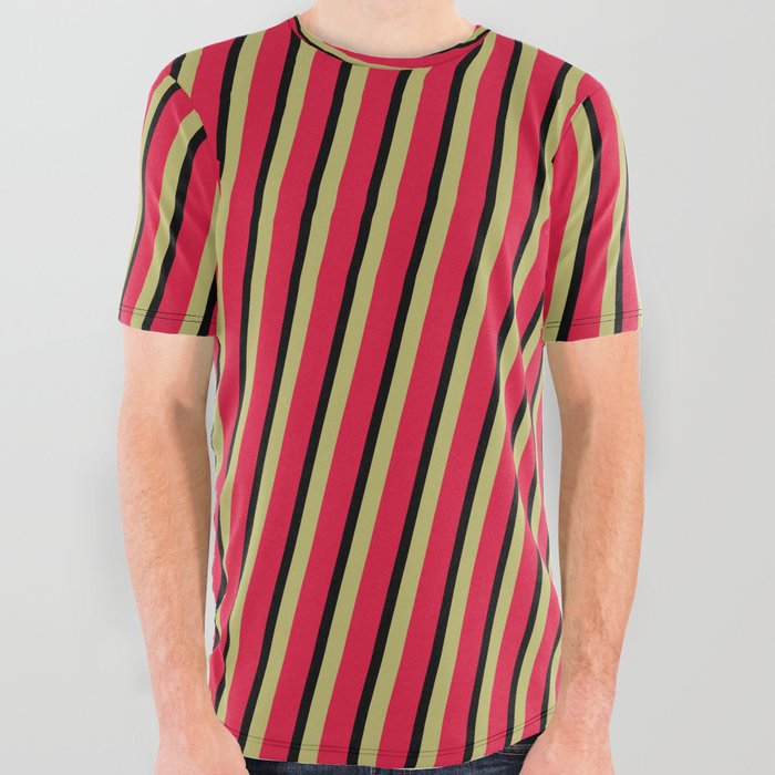Dark Khaki, Crimson, and Black Colored Striped/Lined Pattern All Over Graphic Tee
