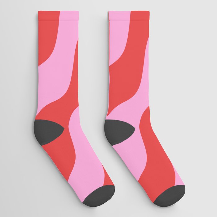 Retro Wavy Abstract Pattern in Red & Pink Socks