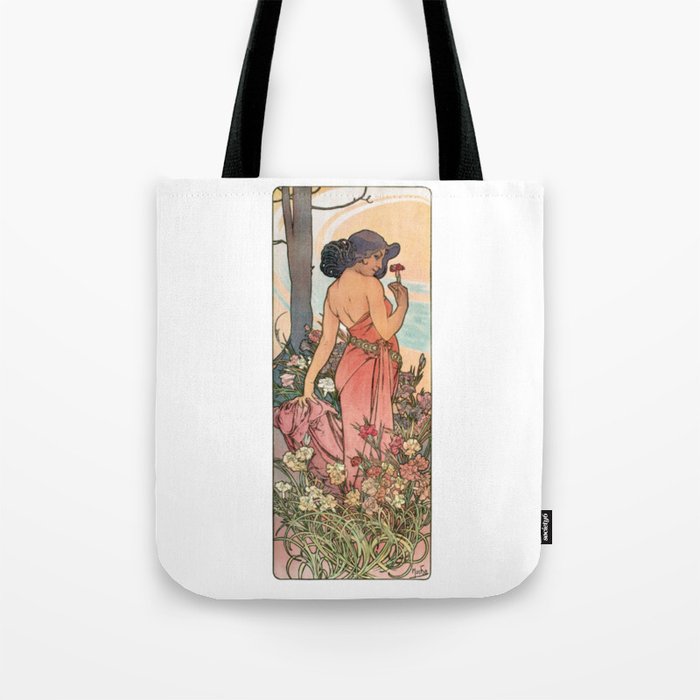 Alphonse Mucha Brunette Girl In The Forest With Pink Dress And Flowers Tote Bag