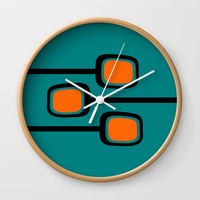 Mid Century Modern Retro Branches Minimalist Print on Vintage Teal with Pops of Orange Wall Clock