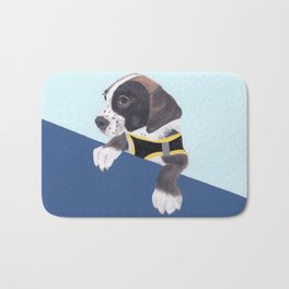 Rue Bath Mat | Gift, Puppy, Painting, Blue, Dog, Harness, Pooch, Cute, Pet, Acrylic 