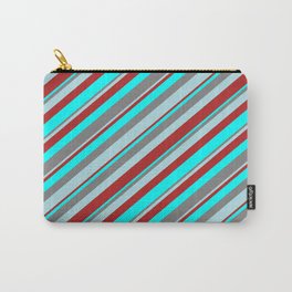 [ Thumbnail: Gray, Powder Blue, Red & Cyan Colored Stripes Pattern Carry-All Pouch ]