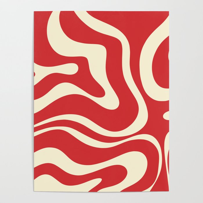 Modern Liquid Swirl Abstract Pattern in Retro Christmas Red and Cream Poster