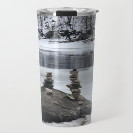 Stack of rocks on a river in winter, Minneapolis photography series, no. 2 Travel Mug
