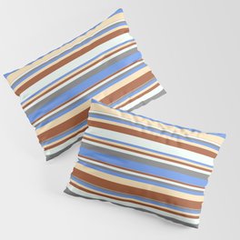 [ Thumbnail: Colorful Sienna, Mint Cream, Gray, Cornflower Blue & Beige Colored Striped Pattern Pillow Sham ]