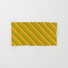 [ Thumbnail: Green and Orange Colored Lines/Stripes Pattern Hand & Bath Towel ]