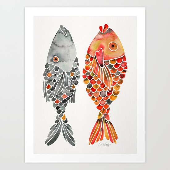 Indonesian Fish Duo – Grey & Orange Palette Art Print