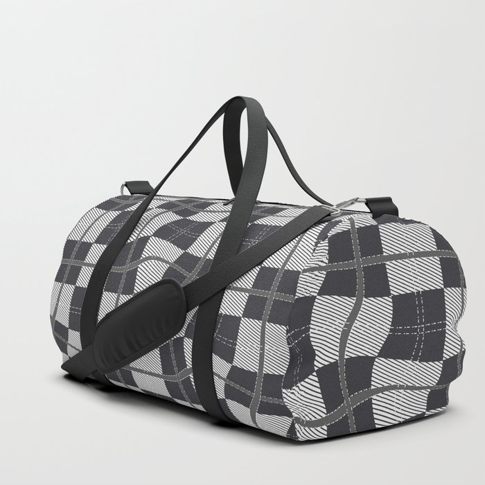 Warped Checkerboard Grid Illustration black and white Duffle Bag